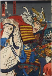 Blad uit een kleuren houtsnede drieluik, getiteld Kawanakajima kassen (De Slag bij Kawanakajima), een close-up van de persoonlijke ontmoeting van de twee leiders, Uesugi Kenshin (links) en Takeda Shingen: Japan, Edo, door Utagawa Kuniyoshi