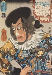 De acteur Ichikawa Ebizo V als Kezori Kuemon, houtblokdruk, uitgegeven door Fujiokaya Hikotaro (Shogendo), 8e maand 1840