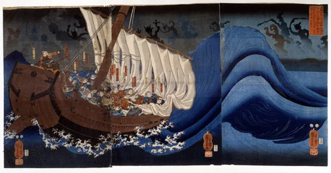 Yoshitsune Minamoto aangevallen door de spectra van de gedode vijanden. Schilderij door Utagawa Kuniyoshi, begin 19e eeuw.