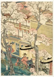 Ware weergave van de plezierhuizen van Miyosaki bij de nieuwe haven, Yokohama, Kanagawa, 1860