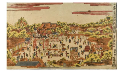 Perspectiefbeeld van het Hachiman-heiligdom bij de Fukagawa-rivier