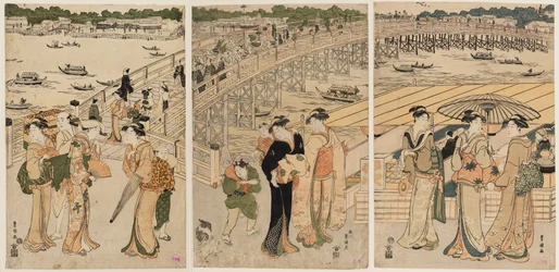 Ryōgoku brug met figuren op de voorgrond