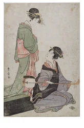 Twee Bijin, één met Samisen, Edo-periode