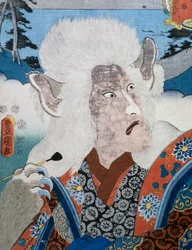 Portret van Kabuki-theateracteur Morita Karya met zoomorf masker, ukiyo-e kunstdruk door Utagawa Toyokuni (1769-1825), houtsnede, Japanse beschaving, Edo-periode