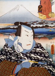 Portret van Kabuki-theateracteur voor de berg Fuji, ukiyo-e kunstdruk door Utagawa Toyokuni (1769-1825), houtsnede, Japanse beschaving, Edo-periode