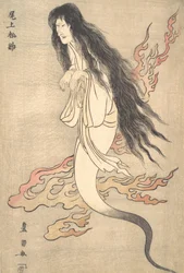 Onoe Matsusuke als de geest van de vermoorde echtgenote Oiwa, in een griezelverhaal uit de Yotsu..., 1812.