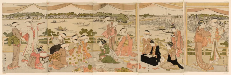 Recital op een veranda met uitzicht op de Sumida-rivier