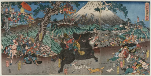 Afbeelding van de jacht van Minamoto no Yoritomo op de hellingen van de berg Fuji