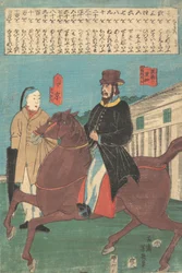 Een Amerikaan te paard en een Chinees met een opgerolde paraplu