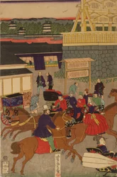 Bloeiend Nihonbashi-gedeelte van Tokio. Tokyo Nihonbashi han ei no zu drieluik
