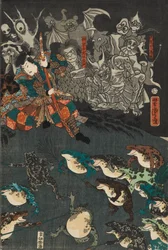 Nikushi de Kikkerspirit roept een magische strijd van kikkers op in Tateyama in de provincie Etchu, 1864