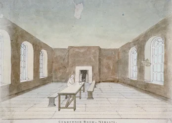 Interieur van de veroordeelde kamer in Newgate Prison, Old Bailey, City of London