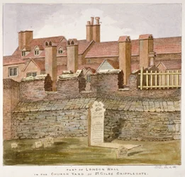 Restanten van de Londense Muur in het kerkhof van St. Giles zonder Cripplegate, City of London, 1825