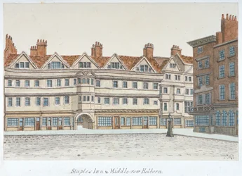 Uitzicht op Staple Inn en de gebouwen van Middle Row in het centrum van Holborn, Londen, 1850