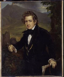 Portret van de schilder Karl Pavlovich Briullov (1799-1852). Afgebeeld voor een vulkaan, de schilder houdt een potlood en zijn tekenbord vast. Schilderij van Vasili Andreyevich Tropinin
