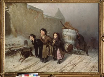 Troika (Slede). De leerlingen op zoek naar water. (Straat in de winter)