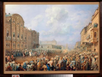 Parade op de Neva-avenue (Nevski Prospekt) bij het Belosselski Belozerski-paleis. (Sint-Petersburg). Werk van Vasily Semyonovich Sadovnikov (1800-1879)