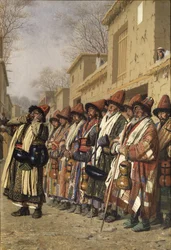 Dervishes koor bedelend om aalmoezen in Tasjkent, 1870