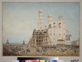 Installatie van de tsarenklok in het Kremlin van Moskou in 1836. Werk van Vasily Semyonovich Sadonikov