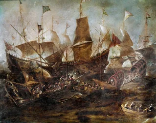 Slag tussen Venetiaanse en Turkse vloten. Schilderij van de Venetiaanse school. 17e eeuw. Istanboel, Maritiem Museum