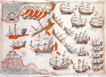 Oorlog tussen Venetië en het Ottomaanse Rijk: Slag bij de Dardanellen die de overwinning van de Venetiaanse kapitein Lorenzo Marcello in 1655 zag (aquarel)