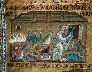 Byzantijnse architectuur: Noach brengt de dieren in de ark voor de zondvloed, mozaïek gemaakt door Venetiaanse kunstenaars, 13e eeuw, Basiliek van San Marco, Venetië