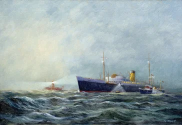 Een padvinder (tweepersoons motorboot), die een vliegtuig verlaat voor de vuurtorenboot bij Harwich (Engeland)