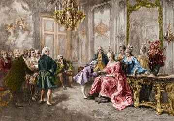 Wolfgang Amadeus Mozart (1756-1791) bij Madame de Pompadour (De familie Mozart tijdens de tournee door Europa) (1763-1766). Gravure naar het schilderij van M. V. de Paredes