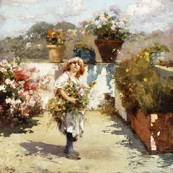 Een Jong Meisje die Bloemen Plukt in de Zonneschijn