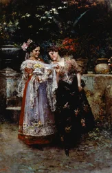 Mooie kant (Twee vrouwen met pasgeboren baby), door Vincenzo Irolli (1860-1949), olieverf op doek