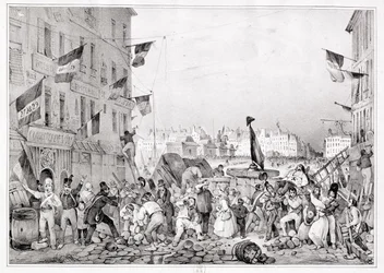 Barricade bij de Rue Dauphine, 29 juli 1830, gegraveerd door H. Delaporte
