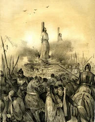 Dood van de slager van Jacques de Molay (Molai) (1243-1314), laatste grootmeester van de Orde van de Tempeliers (1298). Philippe le Bel liet hem arresteren (1307), martelen en opsluiten voordat hij hem levend verbrandde, samen met de commandant van Normand