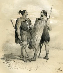 Frankische en Sicamberse krijgers rond het jaar 254. De Sicambers waren een Germaans volk ten zuiden van de Lippe, onderworpen door de Romeinen in de 8e eeuw en vervolgens geïntegreerd in het Frankische volk. Gravure door Victor Adam in het boek 