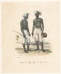 Kleding van de leiders van Havre-Dorey in Papoea-Nieuw-Guinea (titel op het object). Ontdekkingsreis van de Astrolabe (serietitel)