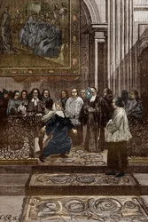 Affaire van de bezetenen van Loudun (demonen van Loudun) circa 1630: Exorcisme van de bezeten moeder-overste van het Ursulinenklooster door de priester van Chinon, Pierre Barre (illustratie voor bezetenen van Loudun)