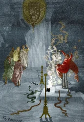 Oud Griekenland: “Voorstelling van de Pythia, priesteres in de Tempel van Apollo in het oude Griekenland” Gravure uit “De Mysteres van de Wetenschap” door Louis Figuier, Privécollectie