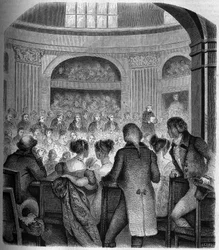 Ontvangst van Abbe Jean Sibrake (Jean-Sibrakes) (Siffrein) Maury bij de Académie Française in 1785 - Gravure door Franck