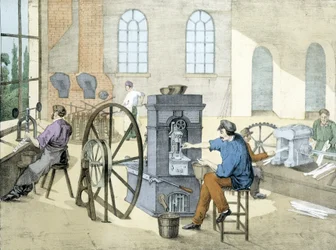 Muntenwinkel (munt slaan), litho van Janson. 19e eeuw.