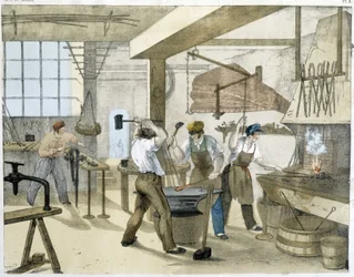 De slotenmaker, litho van Janson. 19e eeuw.