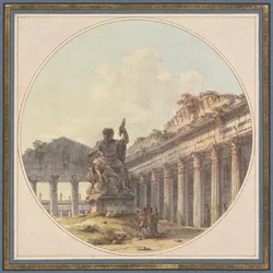 Architectonisch capriccio: Interieur van een tempelruïne met een standbeeld van Jupiter Tonans en staffagefiguren