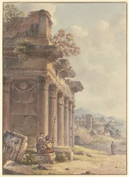 Architectonisch capriccio: ruïnes van een tempelgevel, op de achtergrond landschap met gebouwen en baai