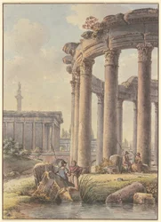 Architecturaal capriccio: ruïnes van een ronde tempel, met de Zuil van Trajanus op de achtergrond
