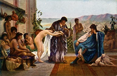 Geschiedenis. Het oude Rome. Slavenhandelaar. Illustratie van V. Giraud, Tsjechië, ca. 1910 (ansichtkaart)