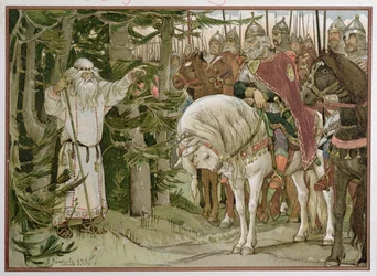 Vorst Oleg (gestorven ca. 912) ontmoet de waarzegger die voorspelt dat zijn paard de oorzaak van zijn dood zal zijn, illustratie uit 