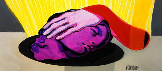 Paars hoofd, roze hand