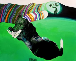 Surrealistische hond en handen