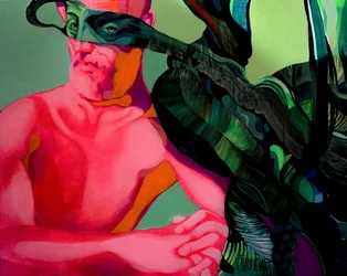 De surrealistische man met het groene masker