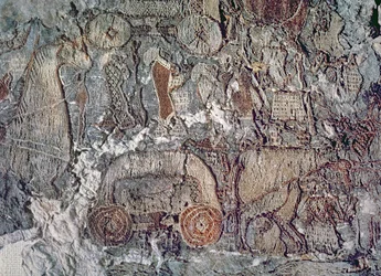 Detail van een dier dat een kar trekt, van een wandtapijt gevonden bij het Oseberg-schip