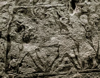 De doden rijden op het paard van Odin, detail van een Viking grafsteen, 7e-8e eeuw n.Chr.
