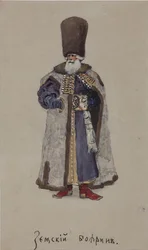 Kostuumontwerp voor de opera De Koopman Kalashnikov door A. Rubinstein, 1901